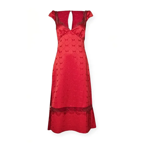 Free People Foolish Heart Bow-Pattern Lace Red Midi Dress - Picture 2 of 13